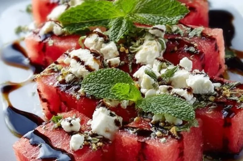 Delicious watermelon feta salad topped with mint and balsamic glaze