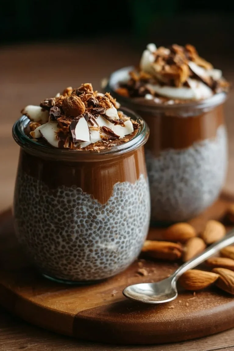 Almond Joy Chia Pudding topped with coconut and almonds in a glass bowl