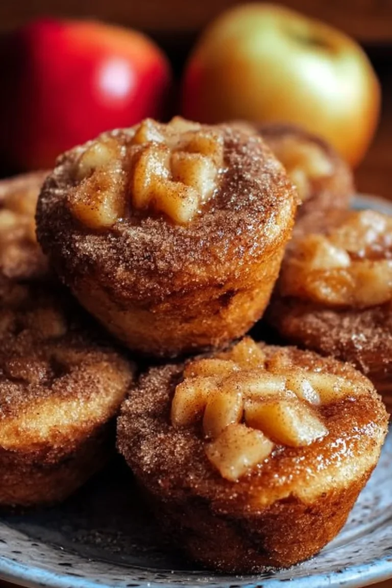 Freshly baked cinnamon apple donut muffins topped with cinnamon sugar.