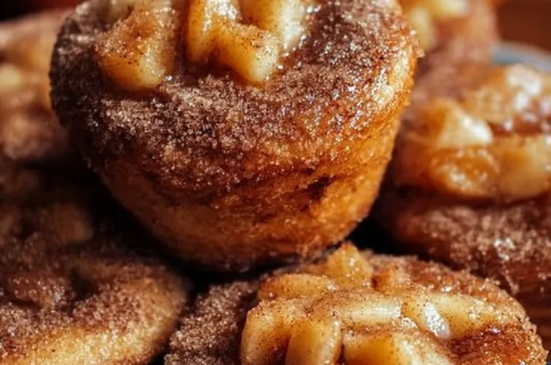 Freshly baked cinnamon apple donut muffins topped with cinnamon sugar.