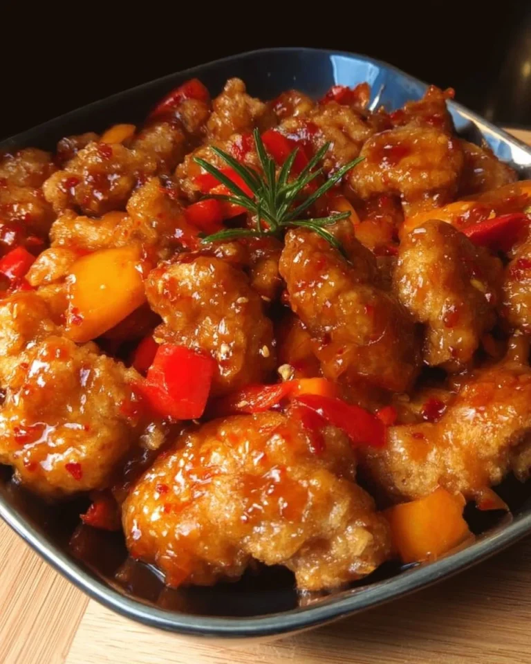 Delicious baked sweet and sour chicken served with colorful vegetables and rice.