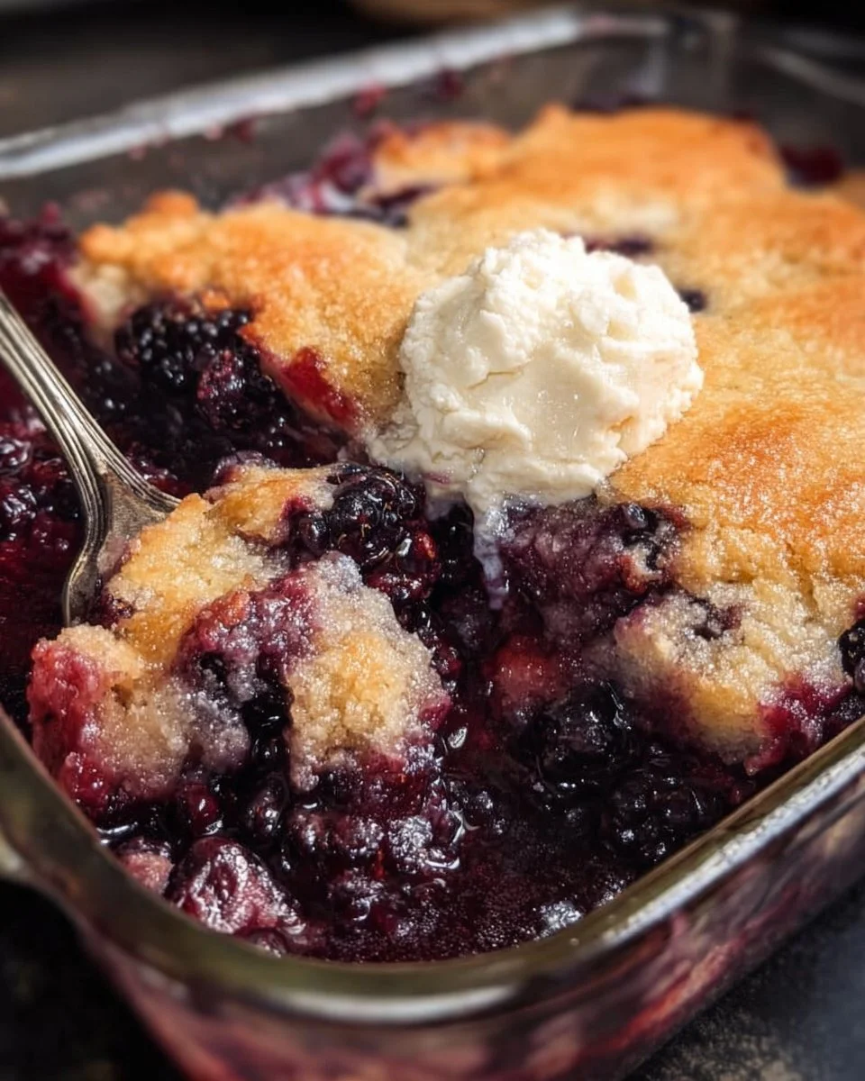 Delicious homemade Blackberry Cobbler topped with a golden flaky crust and fresh blackberries