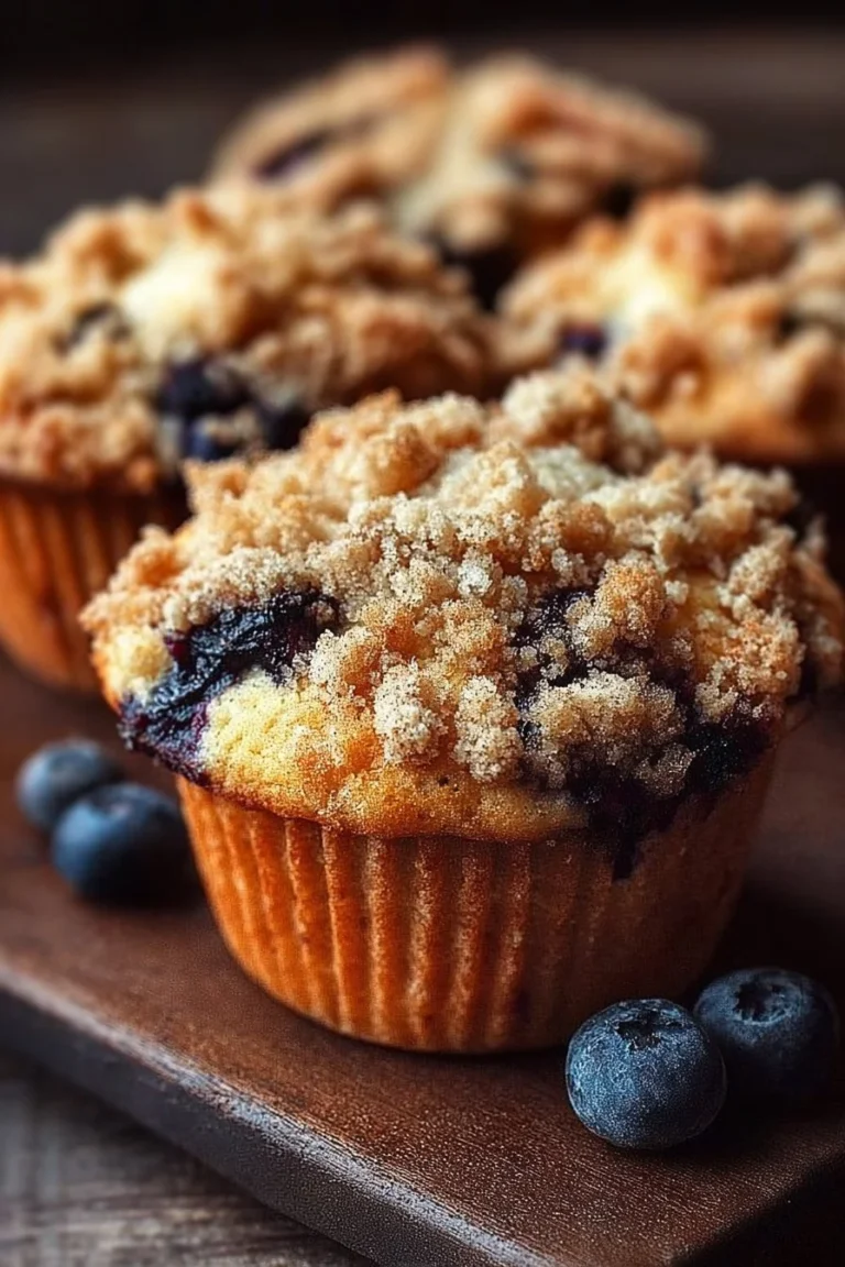 Blueberry muffins with crunchy streusel topping on a wooden table
