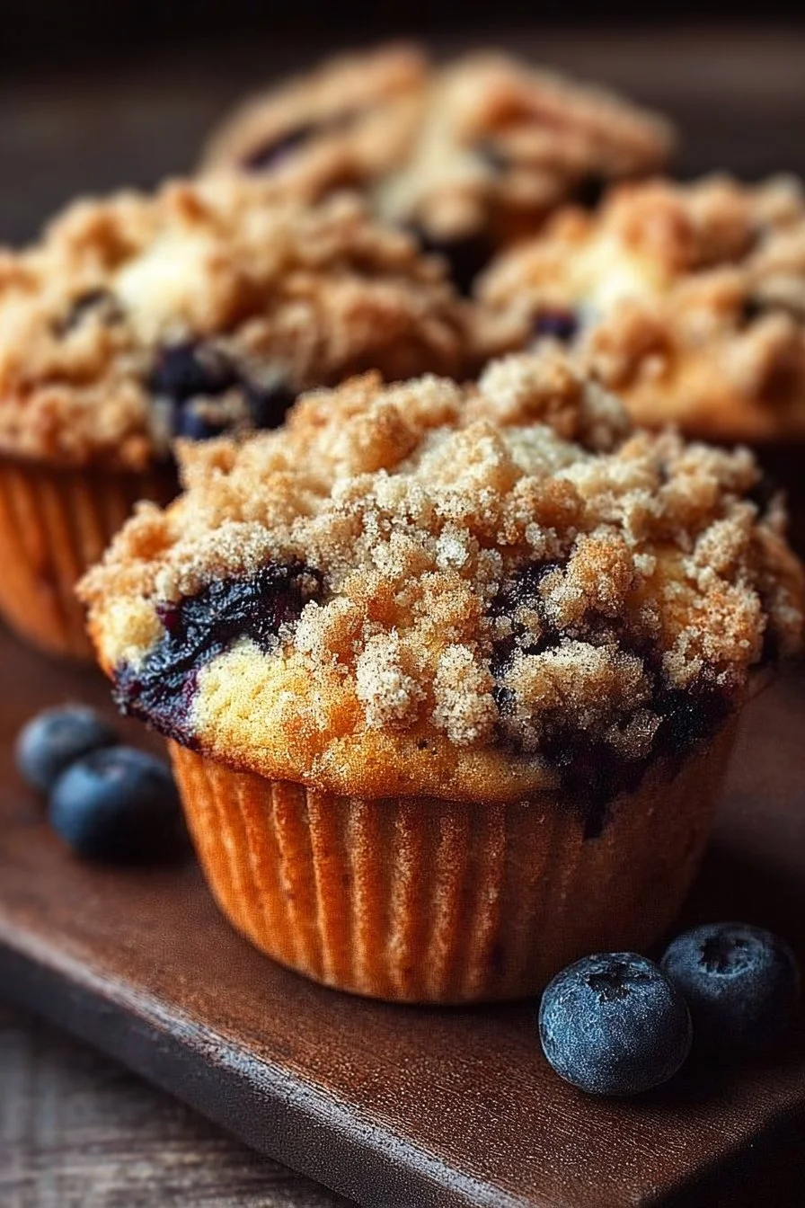 Blueberry muffins with crunchy streusel topping on a wooden table