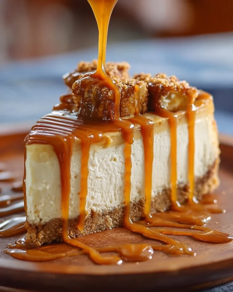 Delicious butterscotch cheesecake drizzled with homemade butterscotch sauce