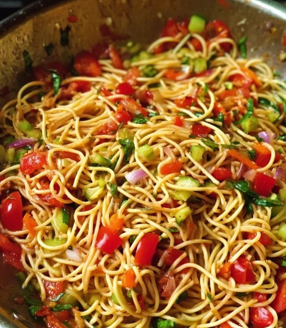 California Spaghetti Salad with fresh vegetables and dressing
