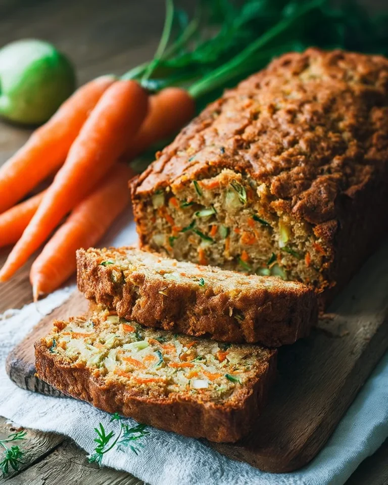 Slice of Carrot Apple Zucchini Bread with carrots and apples on a wooden table