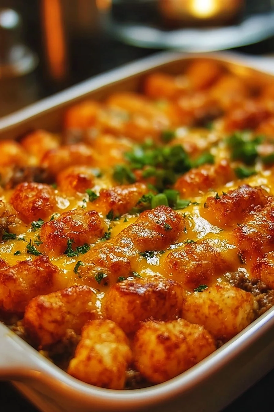 Delicious Cheeseburger Tater Tot Casserole served in a baking dish