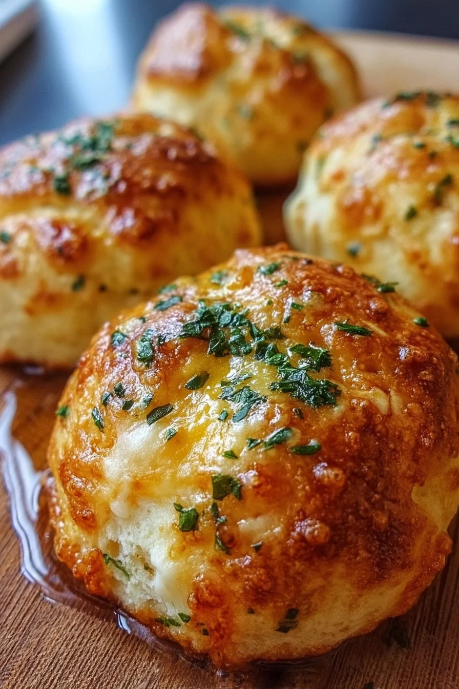 Delicious cheesy garlic butter biscuit bombs served on a plate