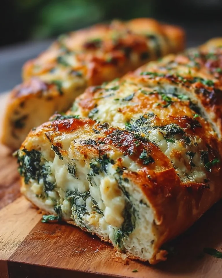 Cheesy spinach stuffed bread with melted cheese and fresh spinach filling