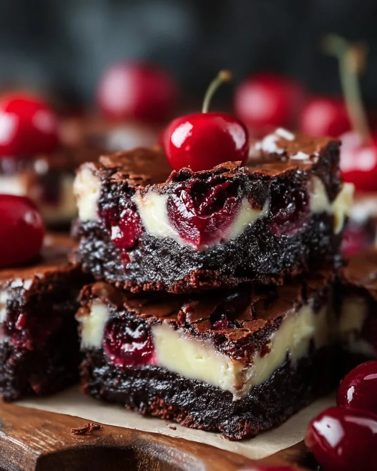 Delicious Cherry Cheesecake Brownies on a white plate, topped with cherry sauce