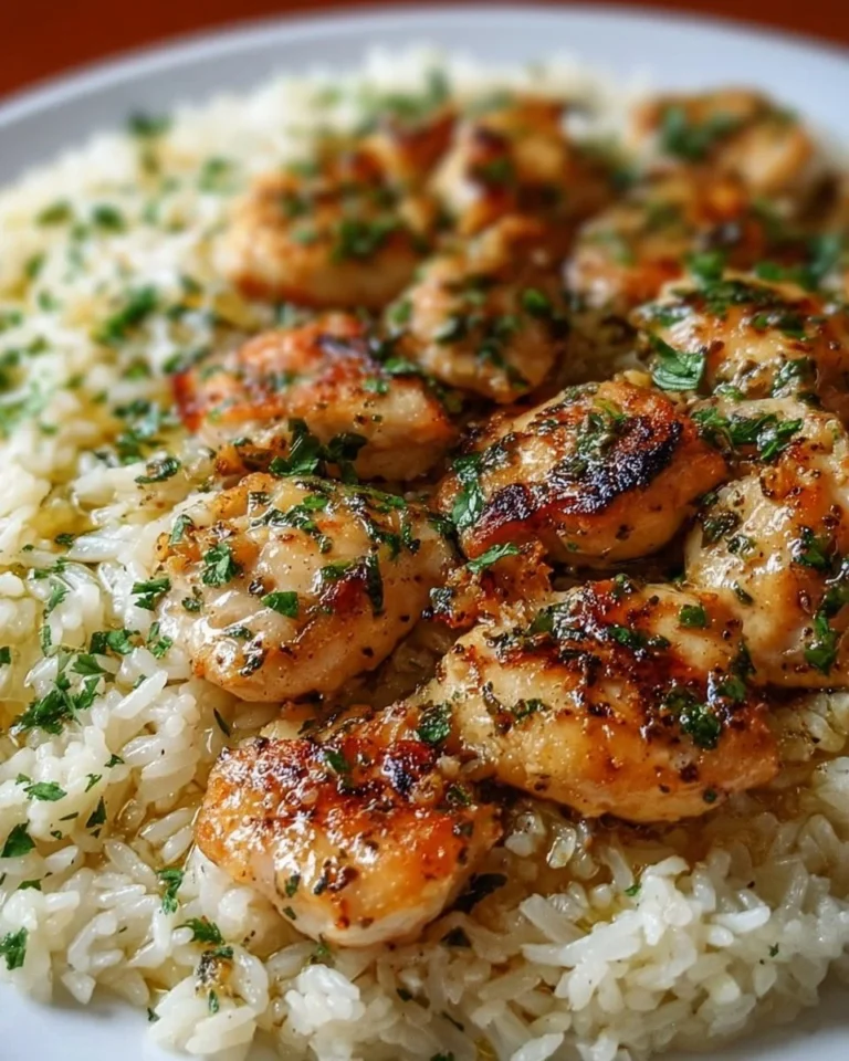 Delicious Chicken Scampi with Garlic Parmesan Rice served in a bowl.
