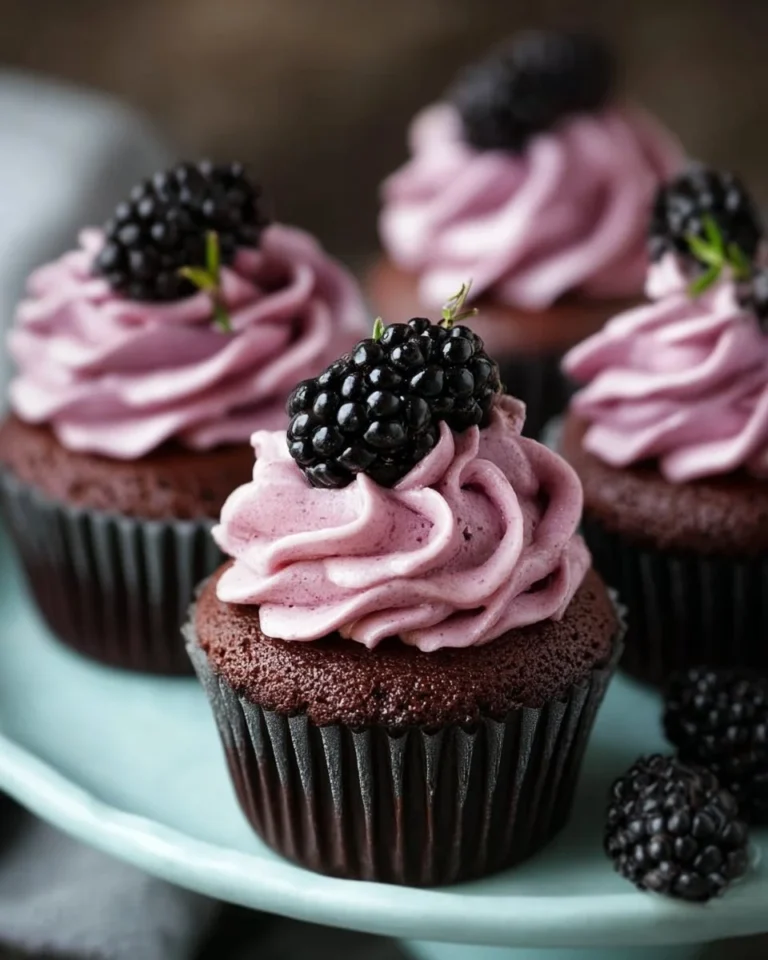 Delicious chocolate cupcakes with creamy blackberry buttercream frosting.