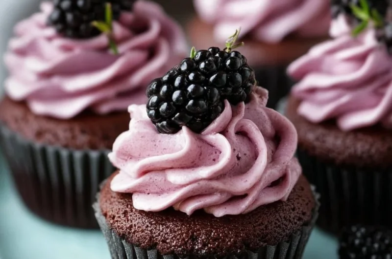 Delicious chocolate cupcakes with creamy blackberry buttercream frosting.