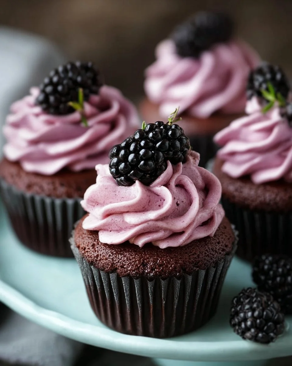 Delicious chocolate cupcakes with creamy blackberry buttercream frosting.
