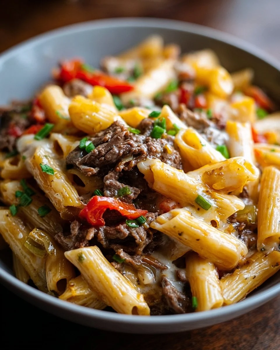 Delicious plate of Classic Philly Cheesesteak Pasta with beef and peppers