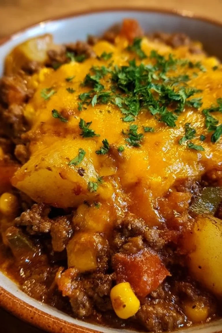 Delicious cowboy casserole cooked in a slow cooker with meat and vegetables