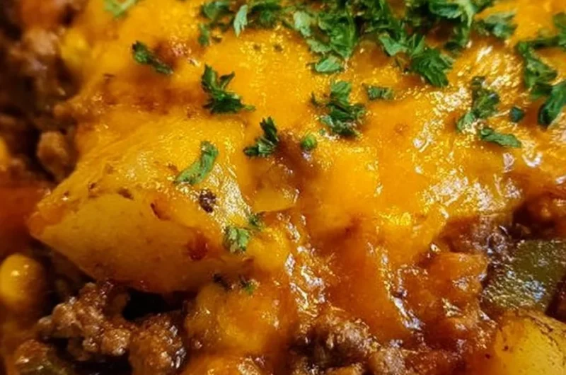 Delicious cowboy casserole cooked in a slow cooker with meat and vegetables