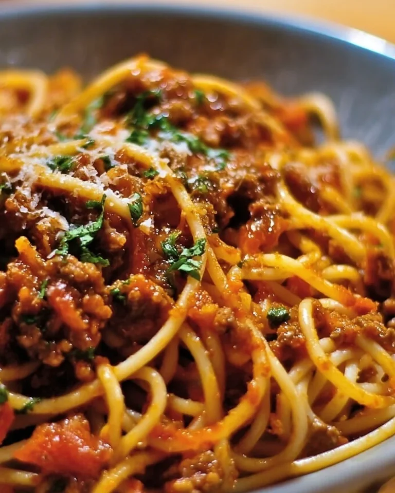 Delicious Cowboy Spaghetti topped with herbs and spices in a rustic setting.
