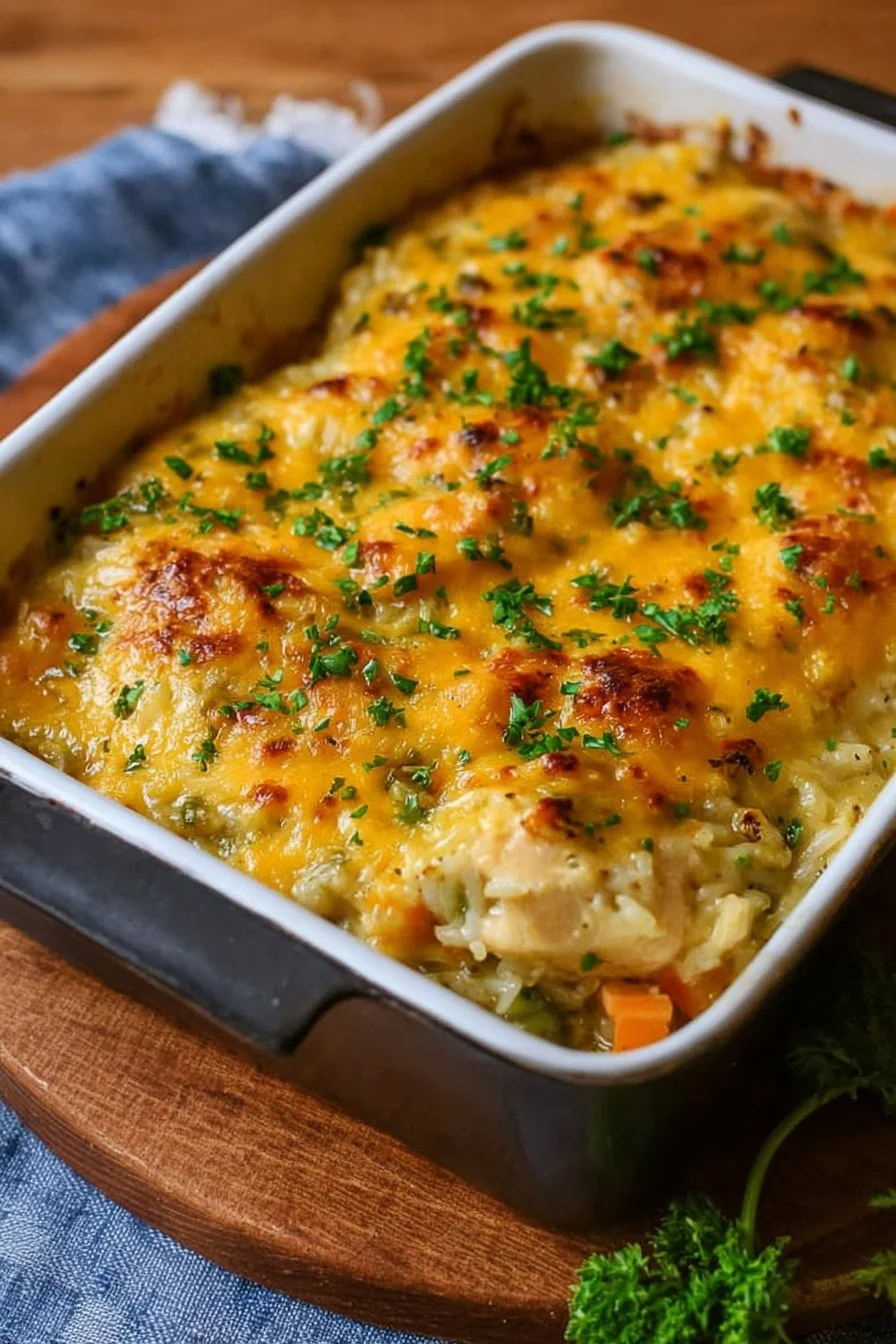 Delicious chicken and rice bake fresh out of the oven, ready to serve.