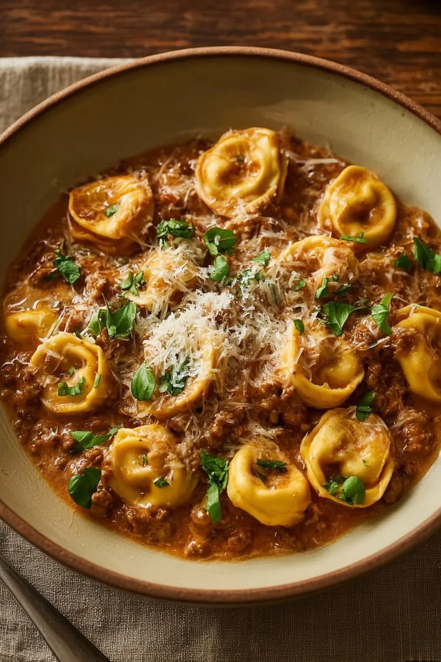 Creamy beef tortellini with parmesan served in a cozy family dinner setting.