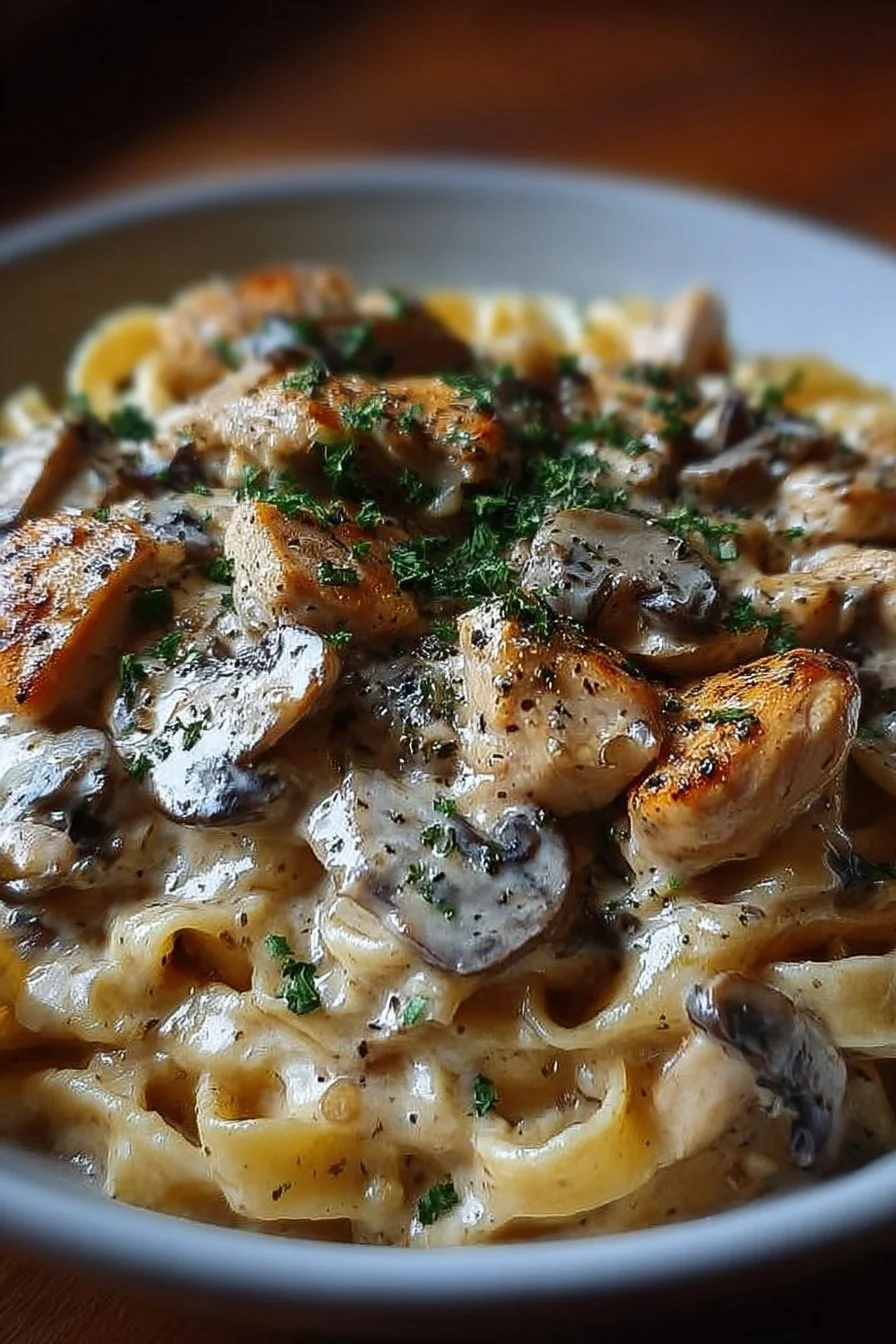 Creamy chicken and mushroom pasta dish served in a bowl with herbs on top.