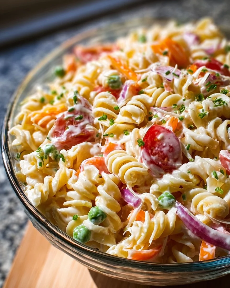 Bowl of creamy pasta salad with vegetables and dressing
