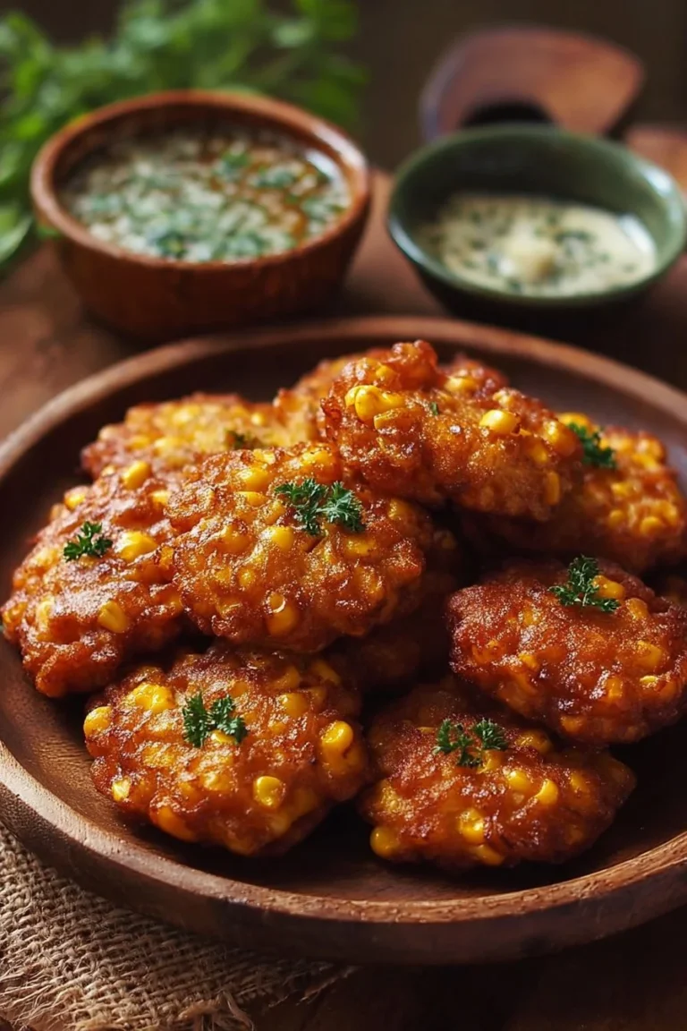 Plate of crispy corn fritters garnished with herbs