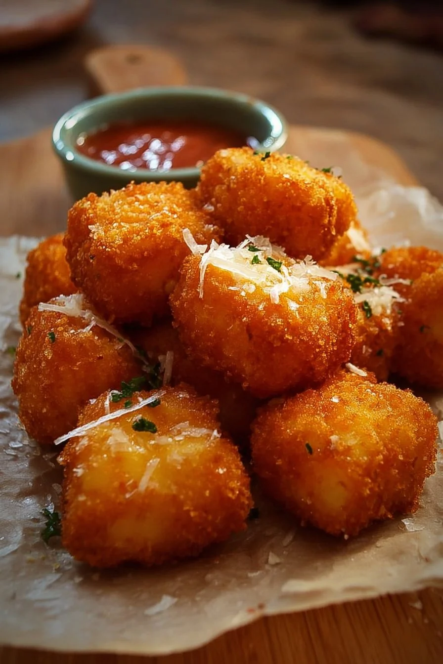 Plate of crispy fried cheese bites served with dipping sauce