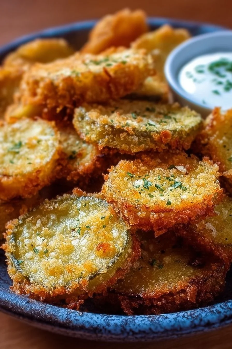 Crispy fried pickles in a bowl, golden brown and delicious.
