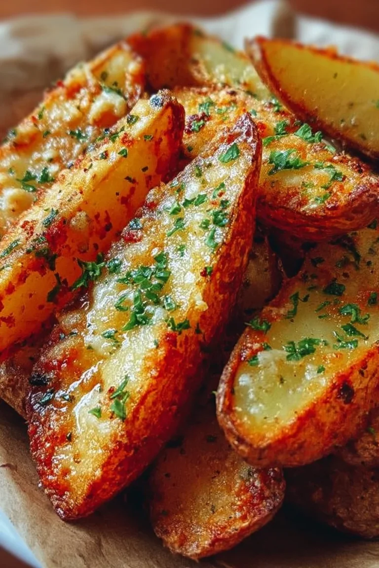 Crispy garlic parmesan potato wedges served on a white plate