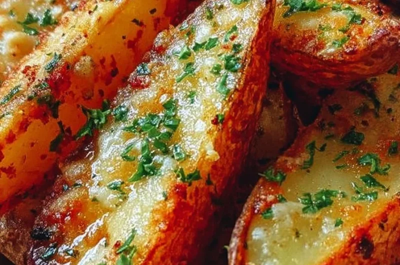 Crispy garlic parmesan potato wedges served on a white plate