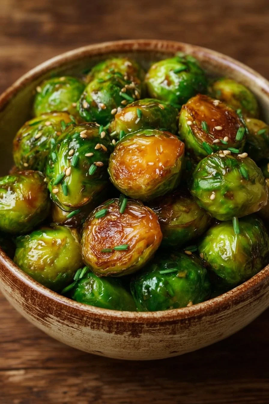 Crispy honey garlic Brussels sprouts served in a bowl