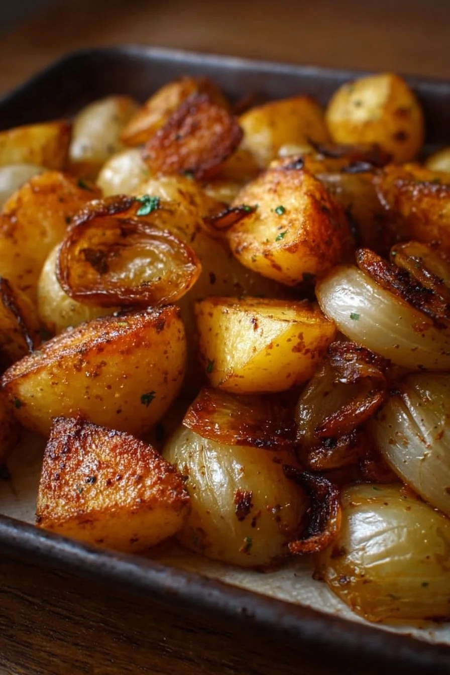 Crispy oven-fried potatoes and onions served on a plate
