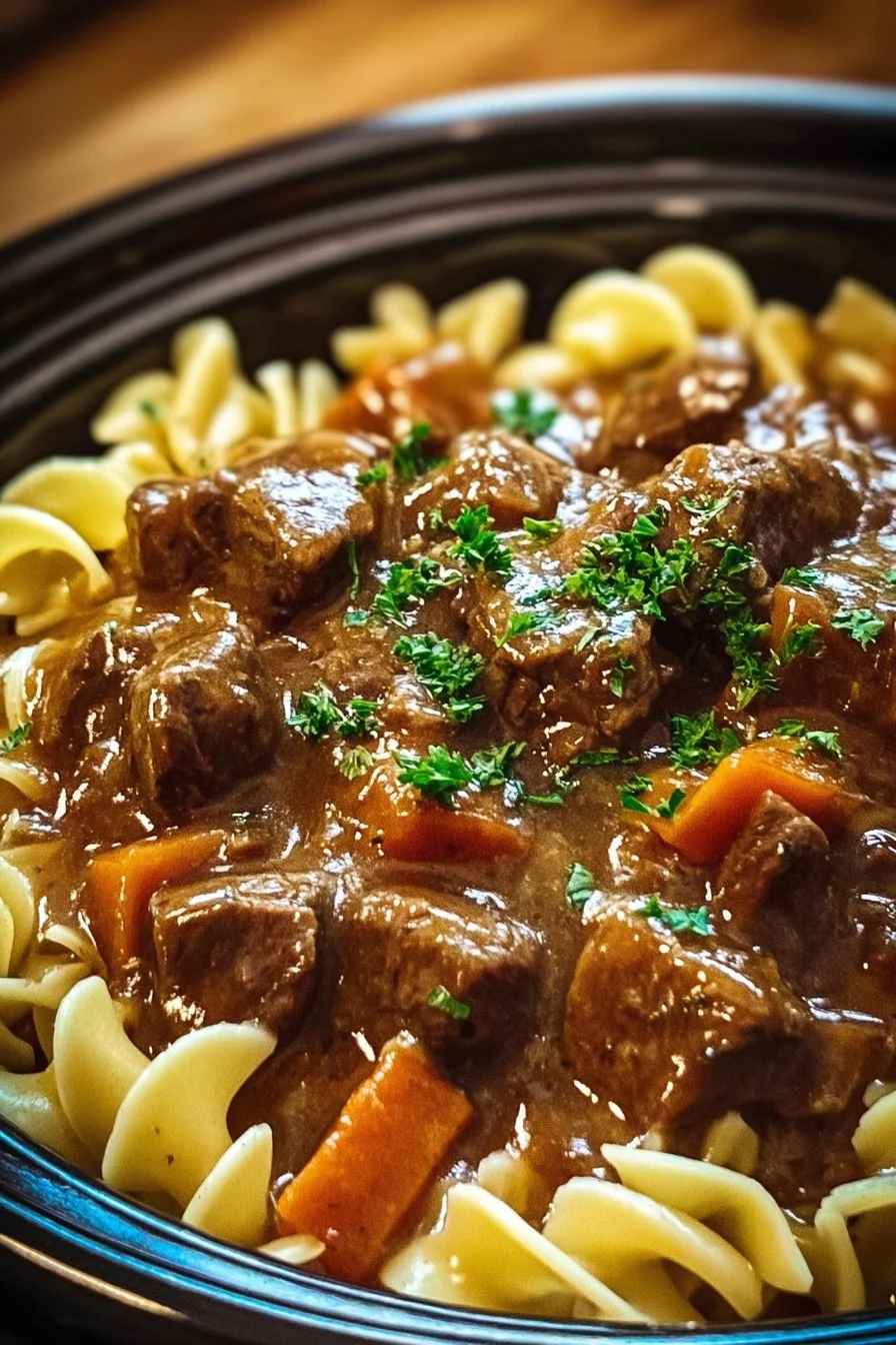 Crockpot beef tips and noodles served in a bowl with parsley garnish