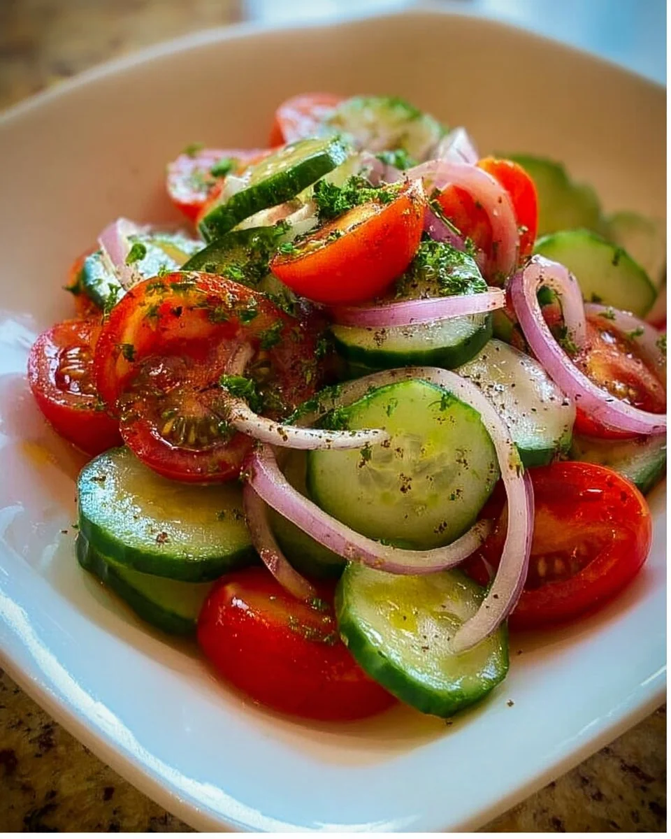 Fresh Cucumber Tomato Onion Salad served in a bowl with vibrant colors