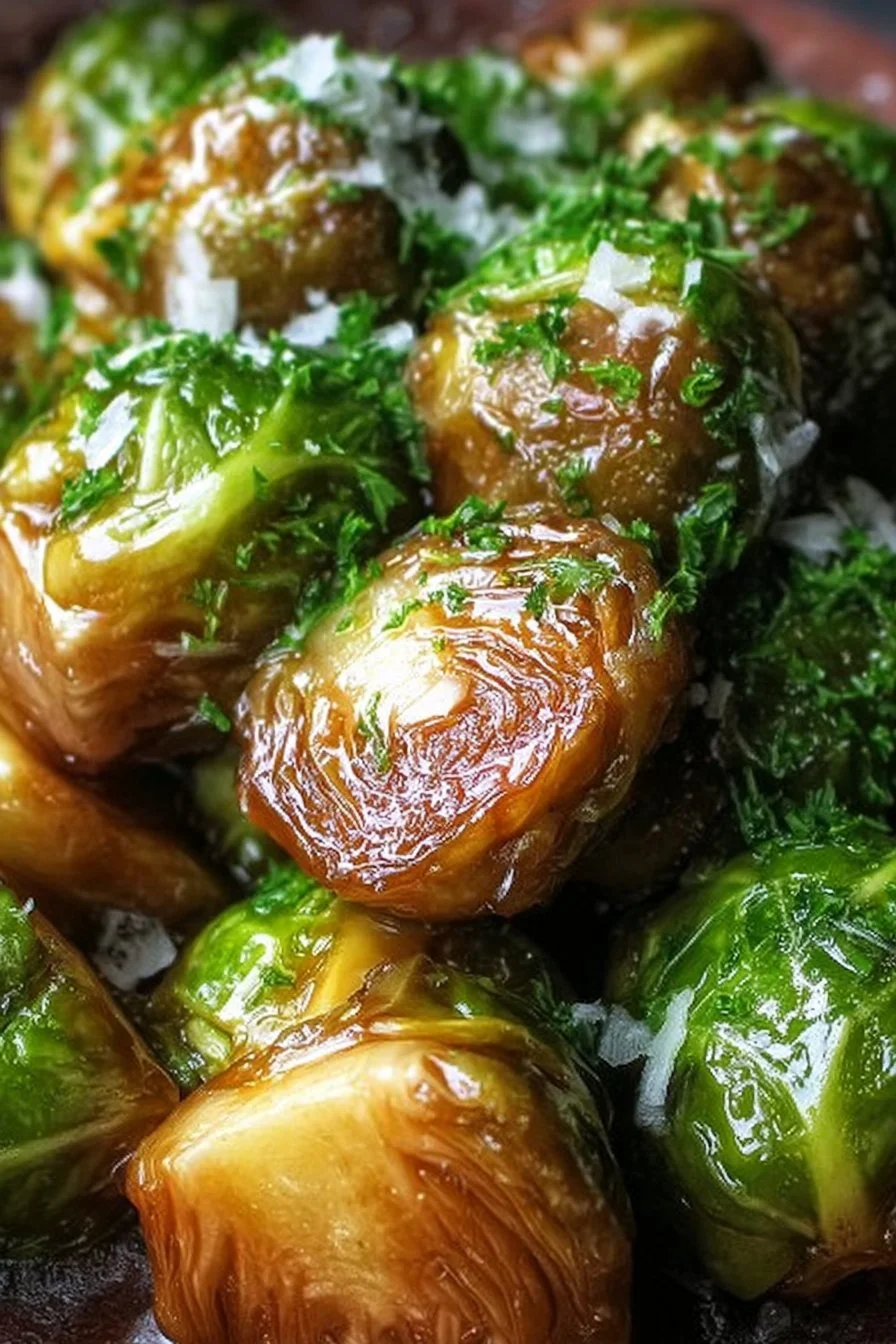 A plate of delicious balsamic Brussels sprouts garnished with herbs
