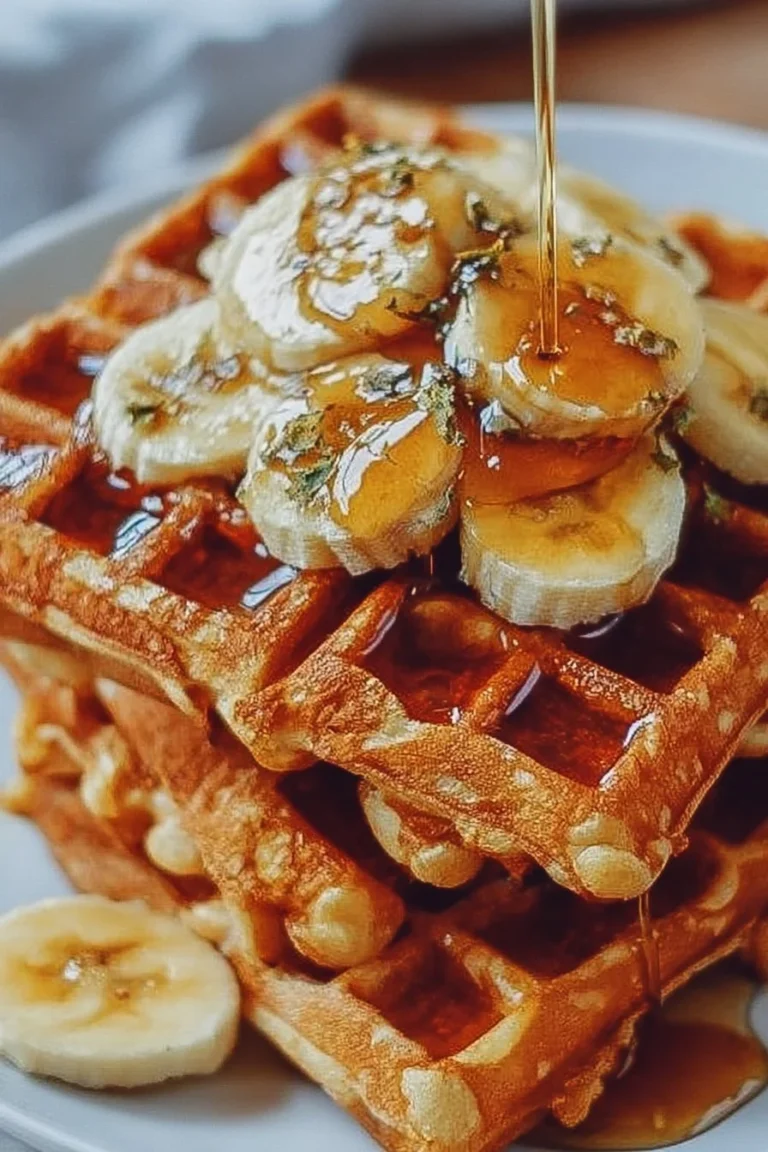 Delicious banana bread waffles served with syrup and banana slices