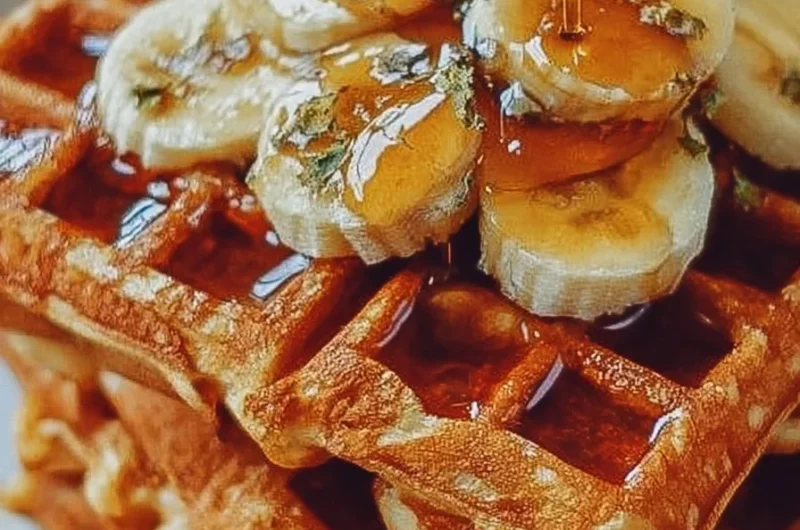 Delicious banana bread waffles served with syrup and banana slices