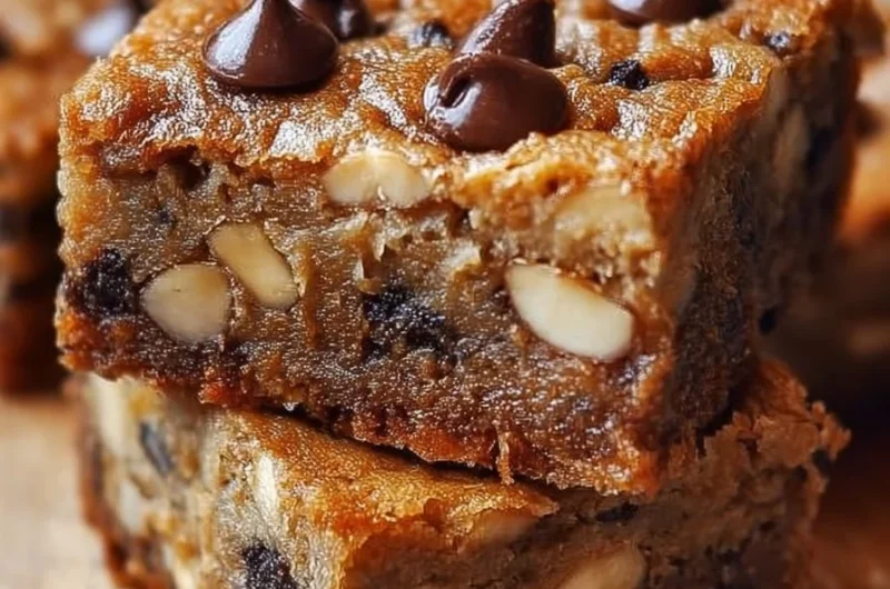 Delicious banana chocolate chip bars on a rustic wooden table