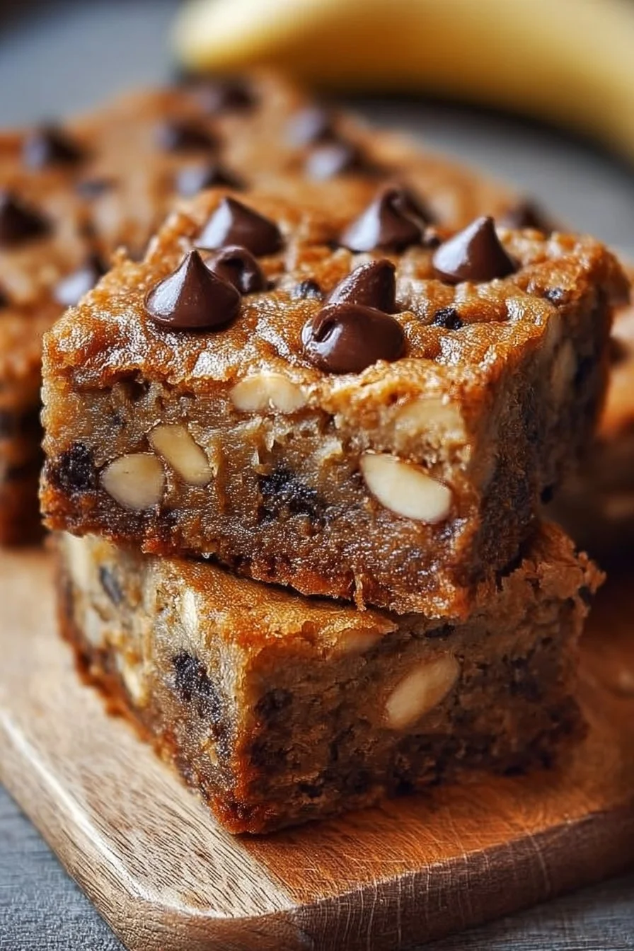 Delicious banana chocolate chip bars on a rustic wooden table