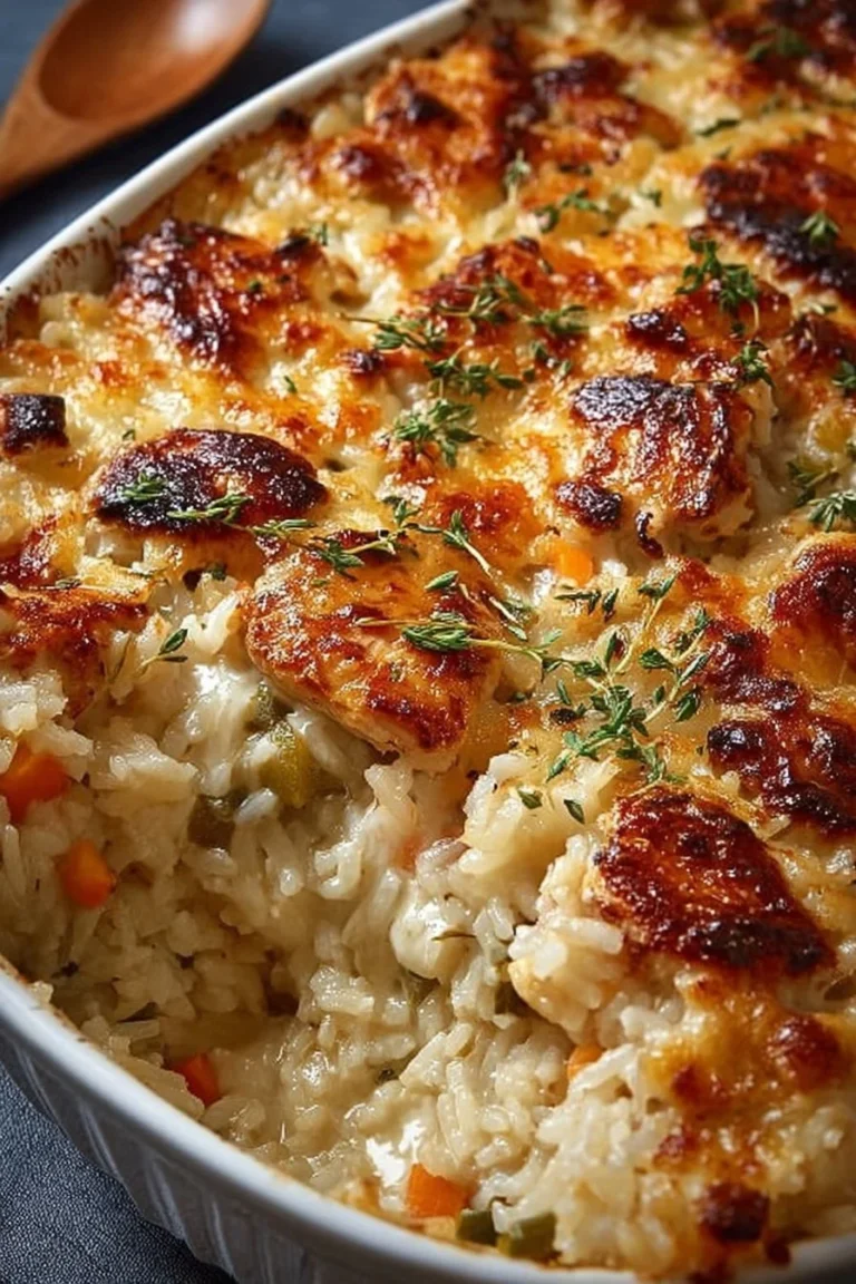 Easy chicken and rice bake dish ready to serve
