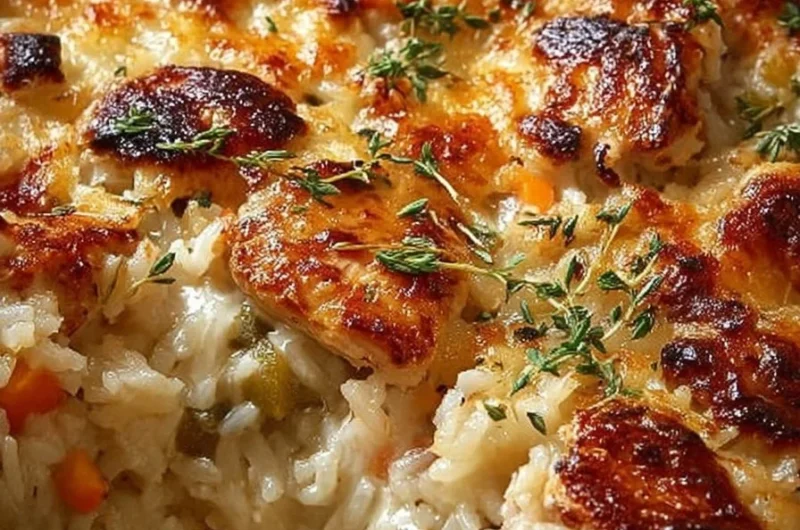 Easy chicken and rice bake dish ready to serve