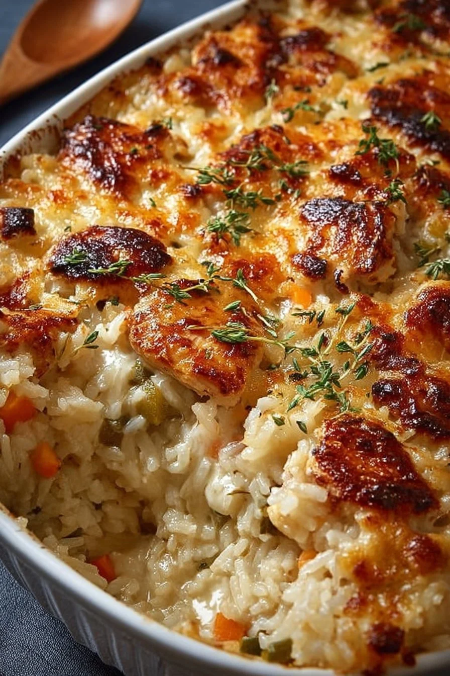 Easy chicken and rice bake dish ready to serve