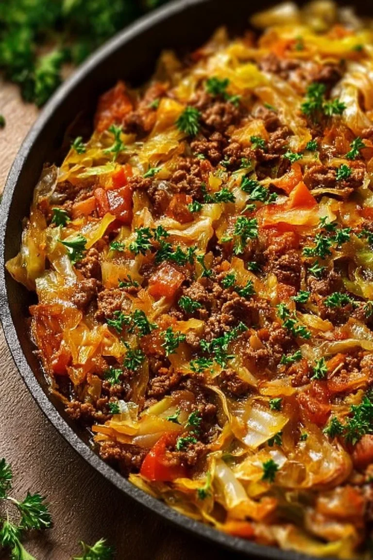 Delicious cabbage and beef skillet dinner served in a rustic pan