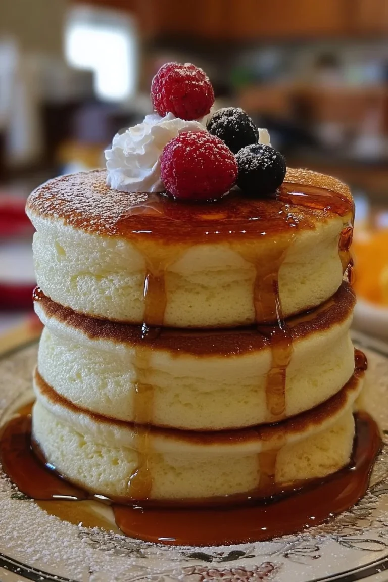 Fluffy Japanese pancakes served with syrup and fruit on a plate.