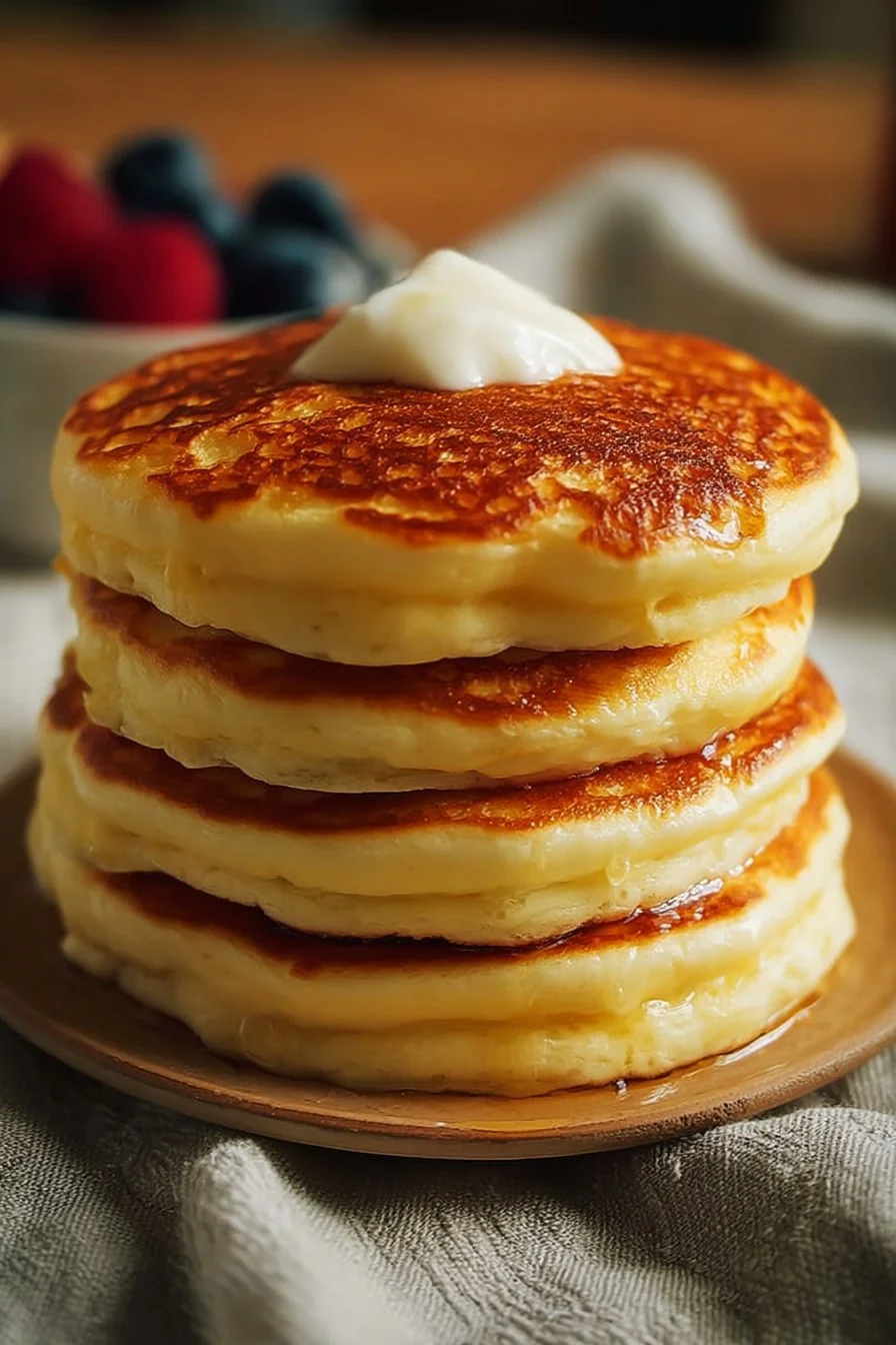 Fluffy Japanese pancakes stacked with syrup and fruit