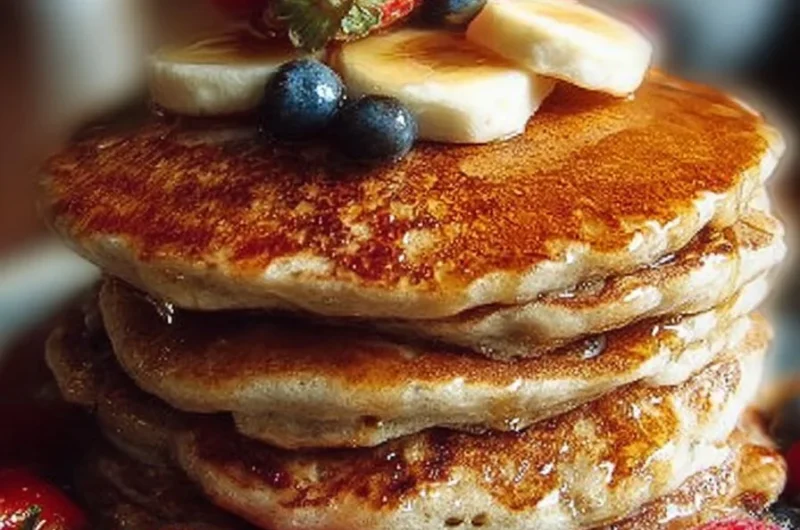 Fluffy oatmeal pancakes stacked and served with syrup and berries