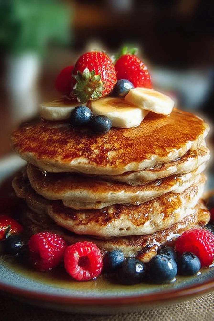 Fluffy oatmeal pancakes stacked and served with syrup and berries
