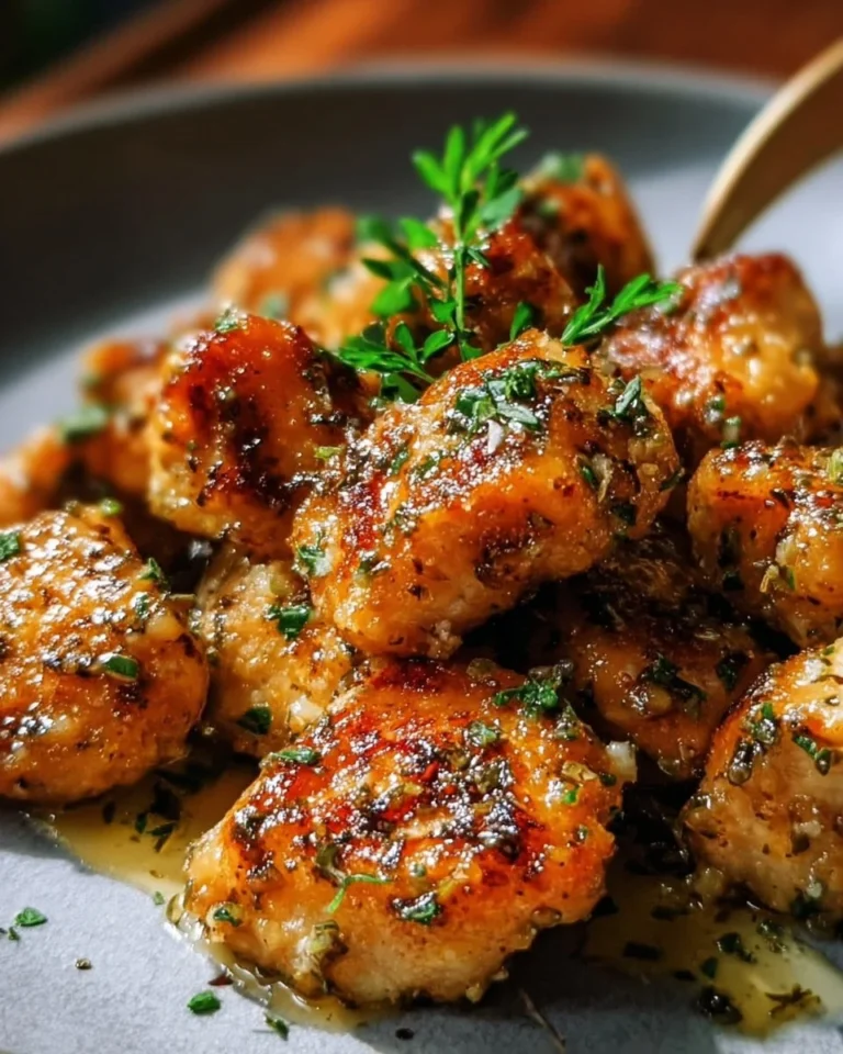 Delicious garlic butter chicken bites served on a white plate